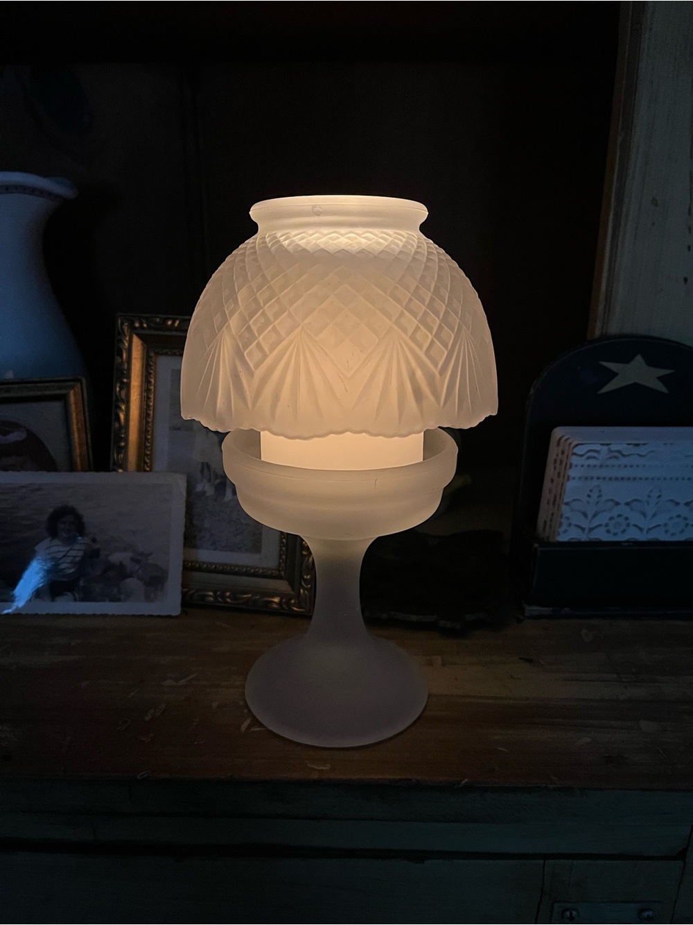 Vintage fairy lamp Frosted Glass Table Lamp with Etched Floral Dome - White